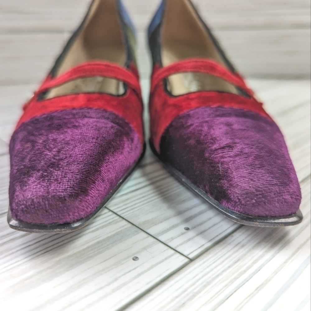 Salvatore Ferragamo Mary Jane Kitten Heels in Velvet Colorblock Size 7.5 - Picture 15 of 16